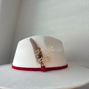NEW never worn adjustable Light Cream Wide Brim Fedora Red velvet(ish) Trim